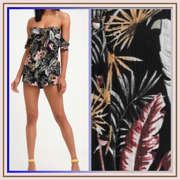 Libre Black Tropical Print Off The Shoulder Romper - Picture 1 of 3